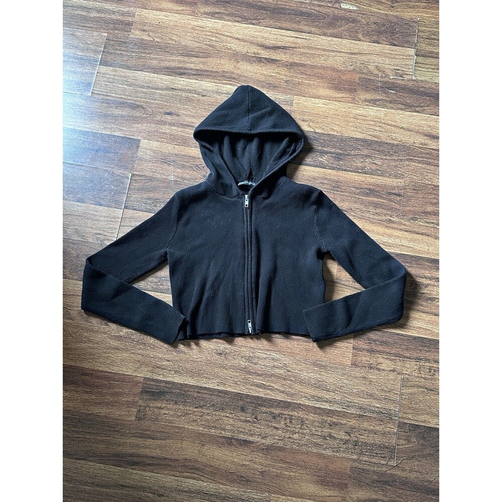Brandy Melville Women’s Ribbed Black Knit Zip-up Cropped Hooded Jacket One Size
